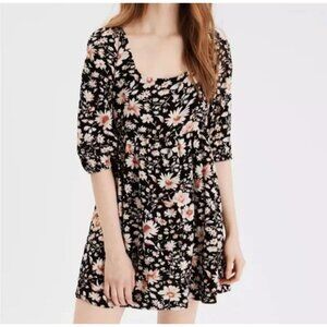 American Eagle Floral Print Black Dress Puff Sleeves & Open Back W/ Tie Detail M